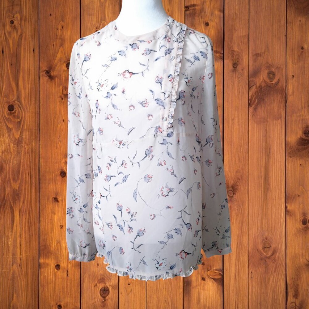 Octavia Floral Ruffle Sheer Blouse Button Accent Size Small Long Sleeve